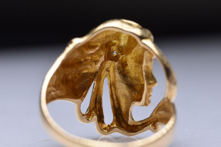 18k Art Nouveau Revival Flowing Hair Lady's Head Ring with Diamond Barette