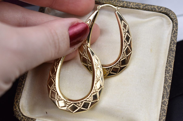 Vintage 9k/9ct Yellow Gold Large, Hollow, Patterned Elongated Hoop Earrings